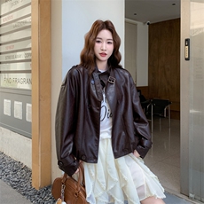 2025秋季新款棕色复古PU皮衣外套女宽松休闲上衣1386，女装皮衣，欣美人