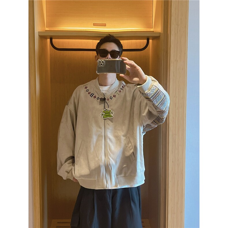 潮民族风字母刺绣夹克男女秋复古宽松棒球领夹克百搭休闲情侣款，男装民族服装，星座1210-1