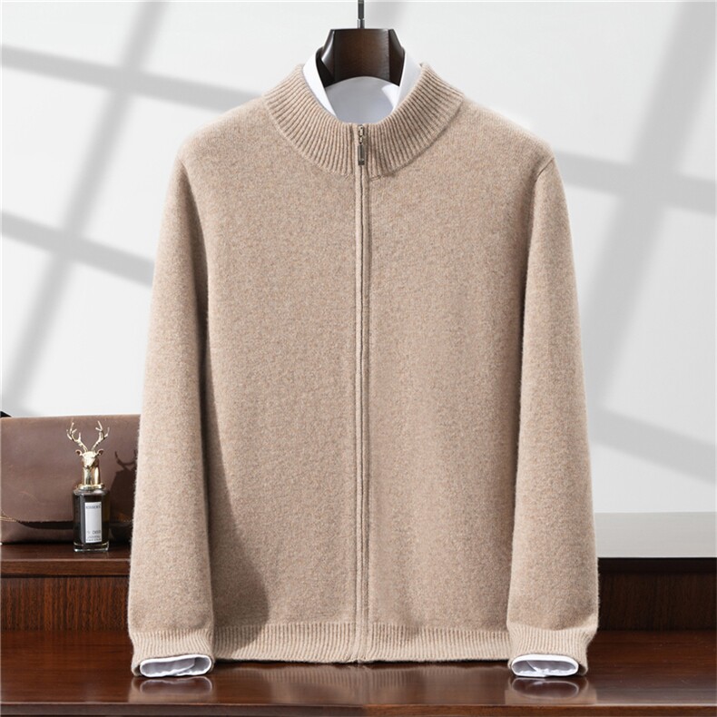 2025年秋冬季100羊毛衫双股半高领羊毛开衫休闲时尚绵羊毛外套，男装针织衫/毛衣，星纬羊绒