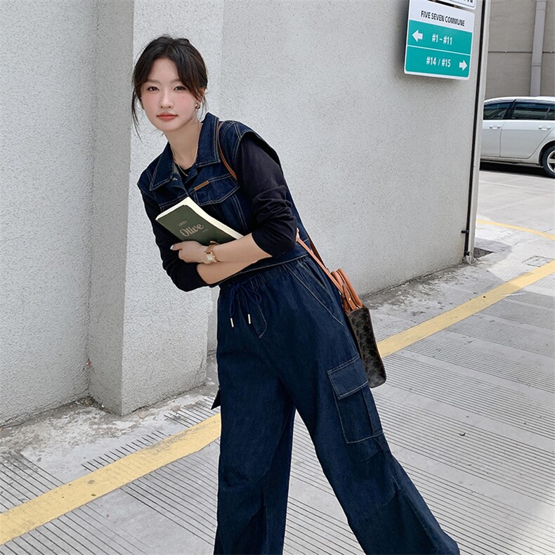 2024年秋款新款复古百搭马甲小个子宽松休闲工装牛仔套装,女装套装/套裙,瑶迪依秀