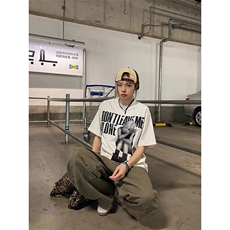 美式复古人像印花短袖男夏季欧美潮牌重磅t恤cleanfit宽松七分袖，男装T恤，四季星座505