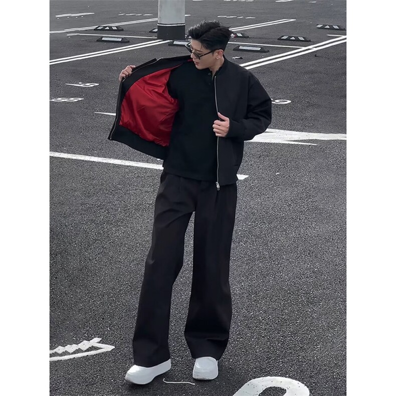 W10545-P60 网图现货 美式双色拼接夹克棒球服外套红内 高品质图片