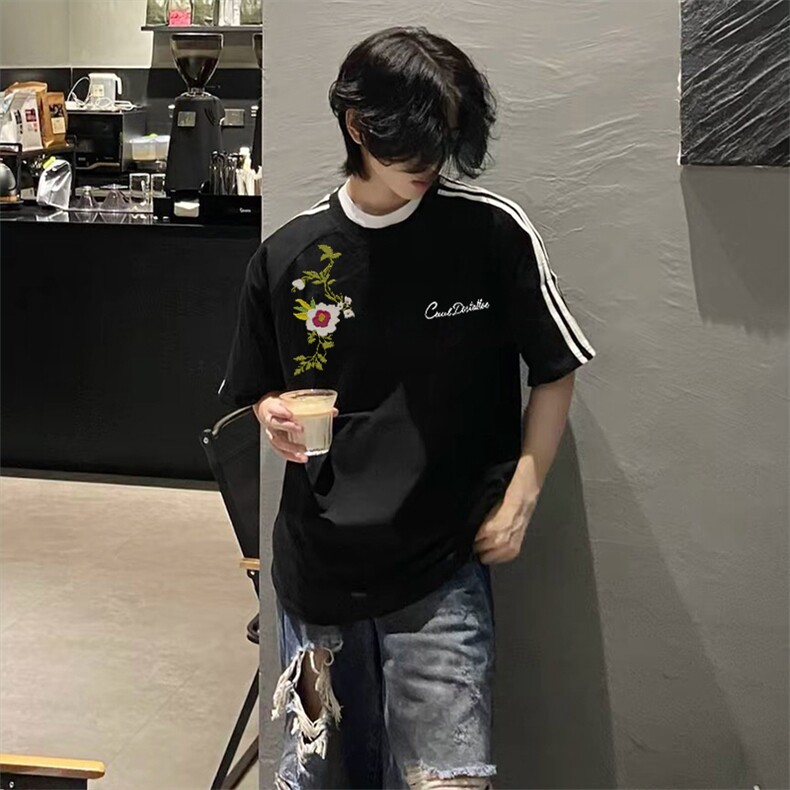抖音得物高品质二开240克宽松纯棉美式潮牌三条杠织带短袖T恤,男装T恤,电商A486-1
