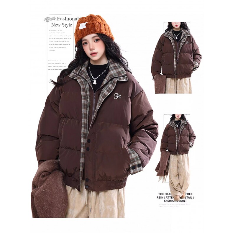 网图美式加厚撞色格子假两件棉服外套棉衣面包服MY960/P88图片
