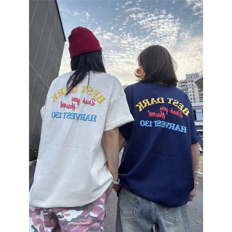 美式潮潮流刺绣植绒短袖男女高街情侣时尚百搭宽松t恤TX1023,男装T恤,星座208-5