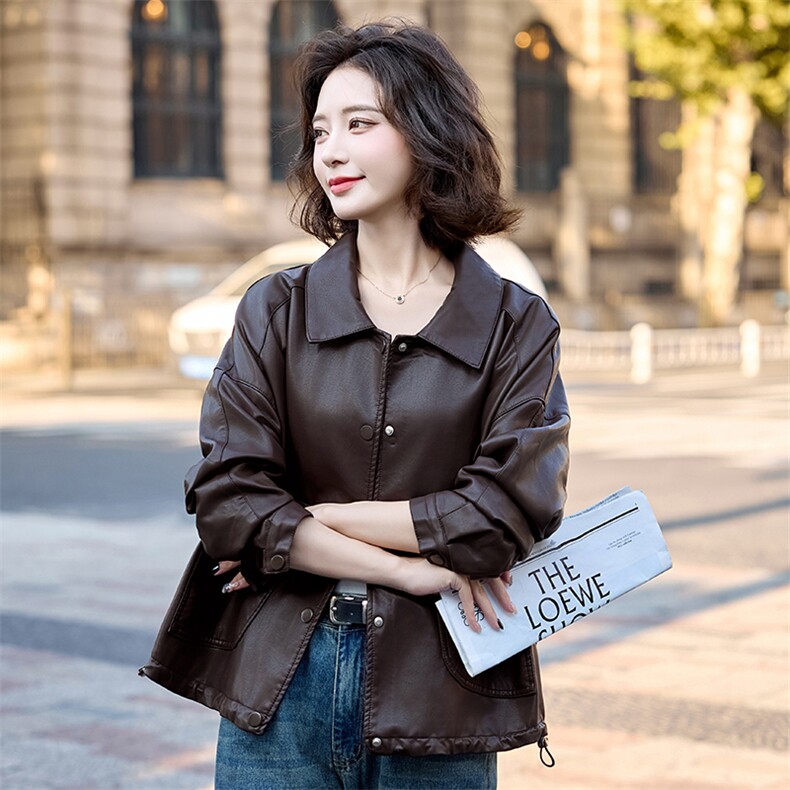 高端小翻领单排扣皮衣女2025秋季新款时尚百搭短款机车服夹克外套,女装皮衣,英标秀（1C119）