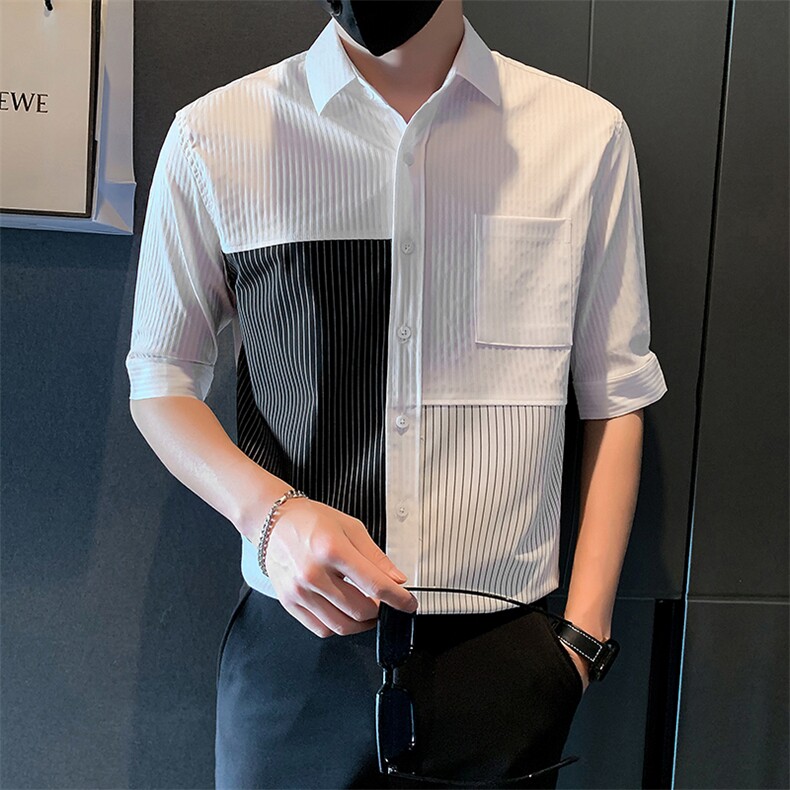 2025新款夏季短袖衬衫男潮牌发型师男装条纹衬衣A313-1-W520-P58,男装T恤,电商A313-1