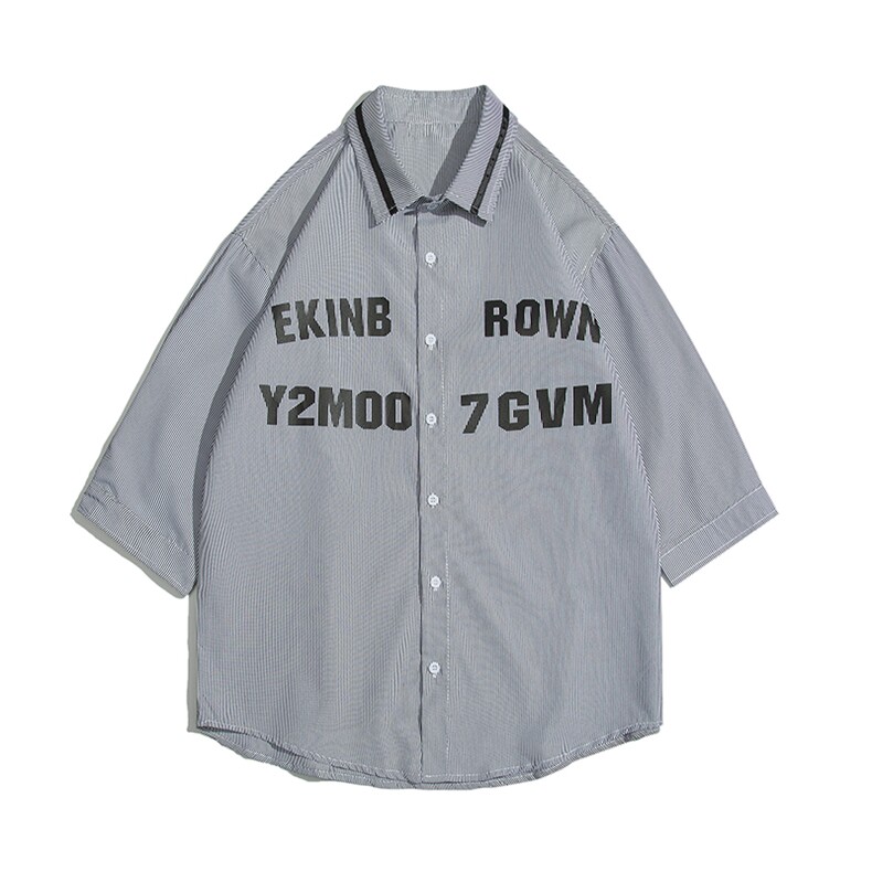 1白底竖条纹大码M-5XL日系潮流情侣七分袖衬衫男QCS7018P45控59，男装衬衫，星座226-2