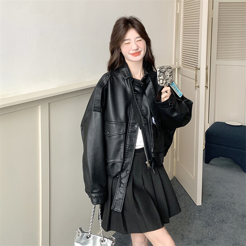 黑色皮衣短外套女春季2024新款美式复古小个子pu皮机车洋气夹克潮,女装皮衣,2C201