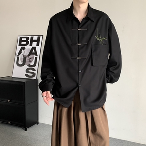 春装明星同款新风新中式翠竹刺绣金属飞机扣宽松慵懒衬衫图片