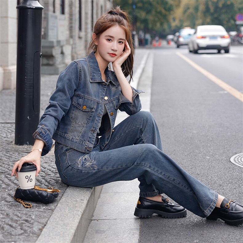欧洲站牛仔套装女2024春秋新款爆款网红炸街休闲时尚阔腿裤两件套,女装套装/套裙,纯色衣恋