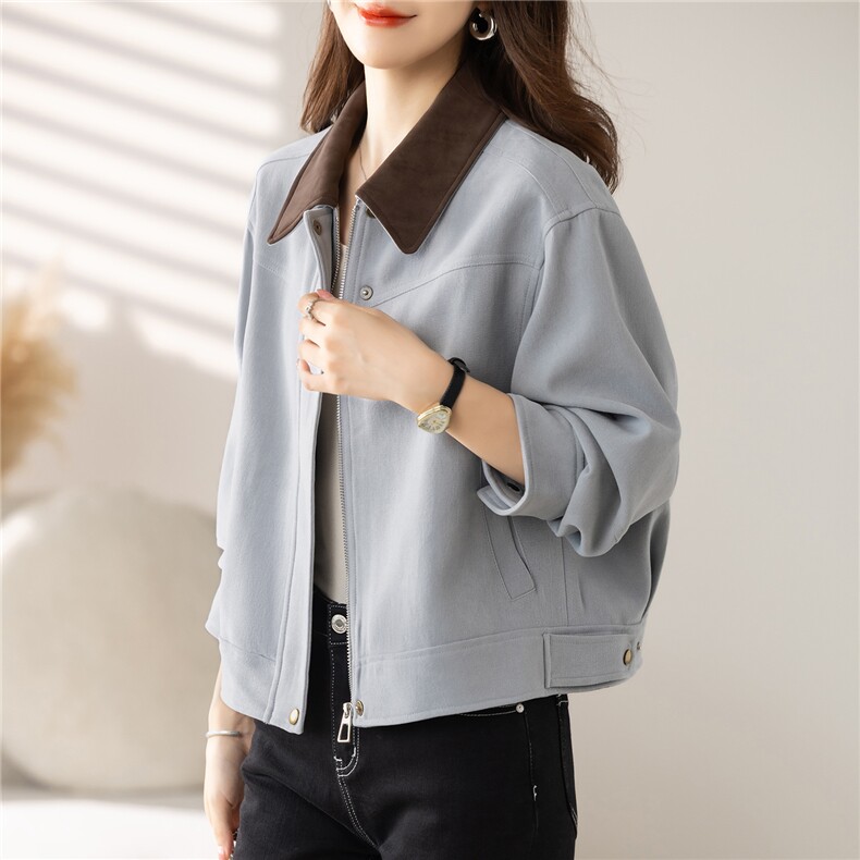 美式复古撞色翻领工装短外套女2025秋季新款宽松休闲百搭夹克上衣，女装短外套，慕咨