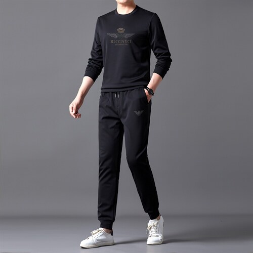 春季新款长袖t恤套装中青年男士潮流休闲百搭春秋运动纯色两件套，男装休闲套装，电商B212（原钱塘6029）