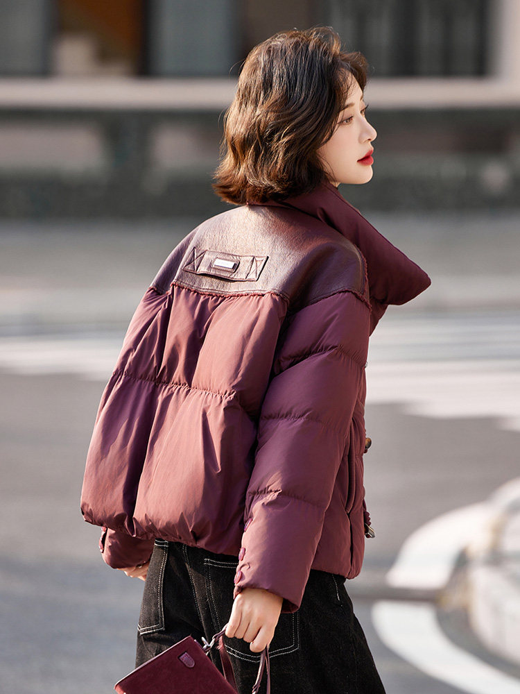小个子羽绒服女2024冬季新款独特超好看设计感短款红色拼皮厚外套,女装羽绒服,靓衣阁