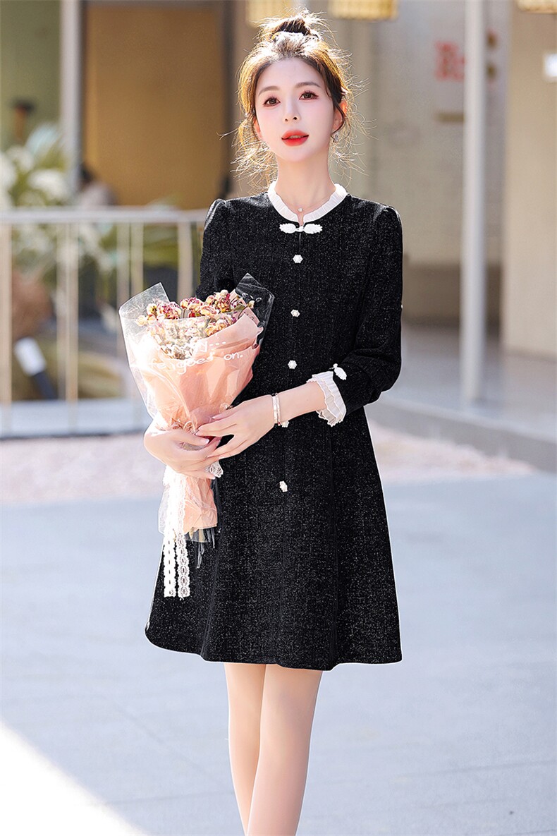 新中式连衣裙女2025春秋新款小个子复古气质小香风长袖改良旗袍裙,女装连衣裙,意芙
