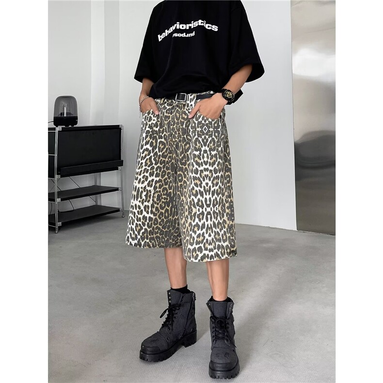 夏装跨境短裤男潮牌豹纹宽松休闲潮流外穿中裤百搭韩版五分裤，男装牛仔裤，星座1013