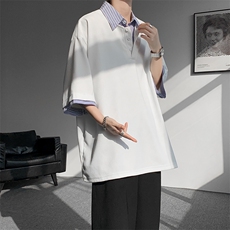 8XL-M假两件衬衫领短袖T恤大码夏季条纹拼接polo衫半袖DX1211/P45，男装T恤，电商B238