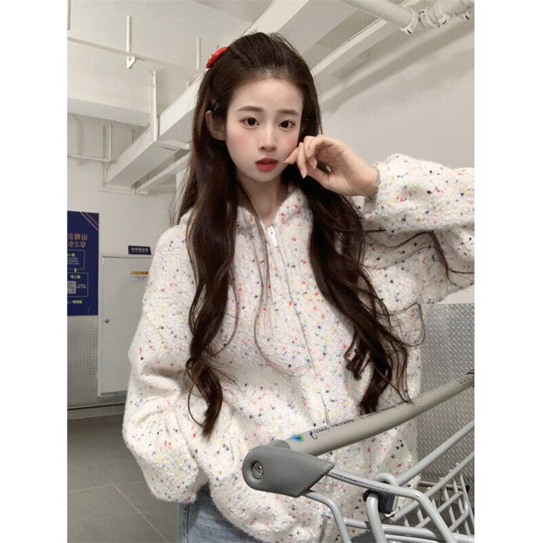 EE052-P95潮牌情侣美式冰淇淋彩点连帽卫衣宽松拉链开衫外套,女装短外套,星座911-3