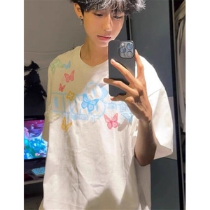 美式复古手绘字母蝴蝶印花短袖T恤男女夏季宽松情侣上衣 TC27图片