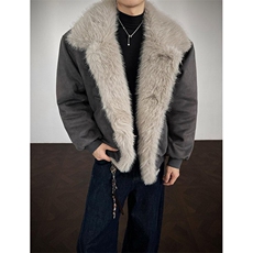 现货重磅硬挺boxy羽绒棉衣座山雕大毛毛领洗水麂皮棉服冬外套，男装棉衣，电商A443