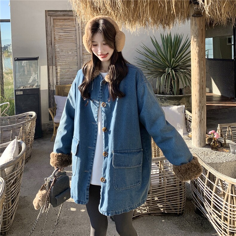 港风复古毛绒拼接中长款牛仔羽绒服女冬季2026年新款90绒轻暖外套,女装羽绒服,2C159