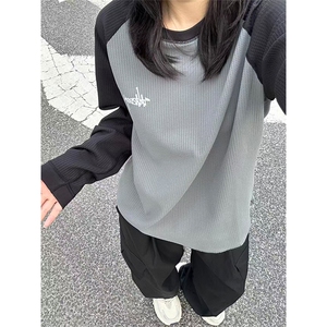 高品 春秋撞色插肩拼接华夫格T恤男女休闲圆领宽松上衣 A1290-P55图片