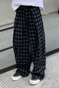 网图 美式复古黑白格子慵懒风阔腿弯刀a字垂感休闲裤310A-K17-P40图片