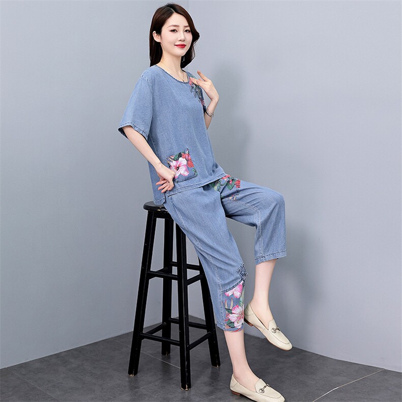 现货！天丝牛仔拼接套装女2024夏季新款洋气优雅气质两件套,女装套装/套裙,魅影
