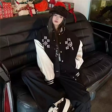 美式珍珠刺绣拼接撞色棒球服外套男女春季情侣休闲宽松夹克，男装夹克，星座506A