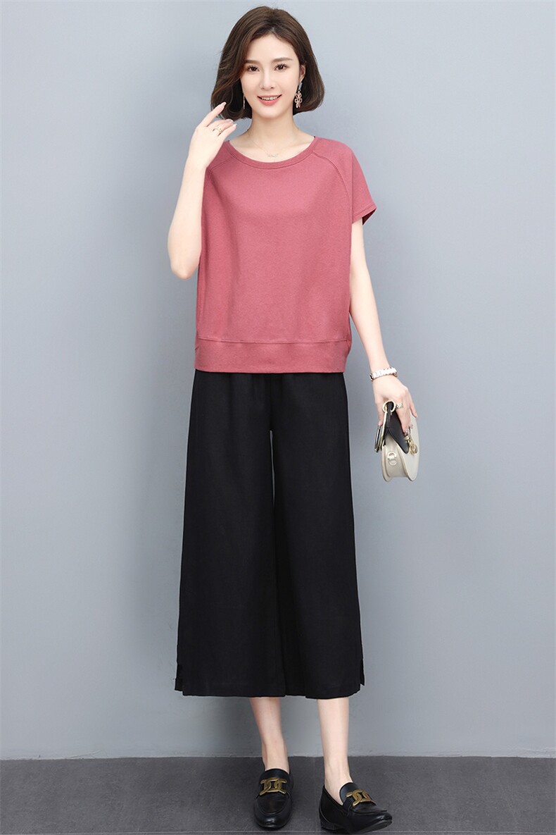 大码女装2024夏季新款中年妈妈胖mm气质显瘦减龄上衣阔腿裤两件套,女装套装/套裙,阿丹