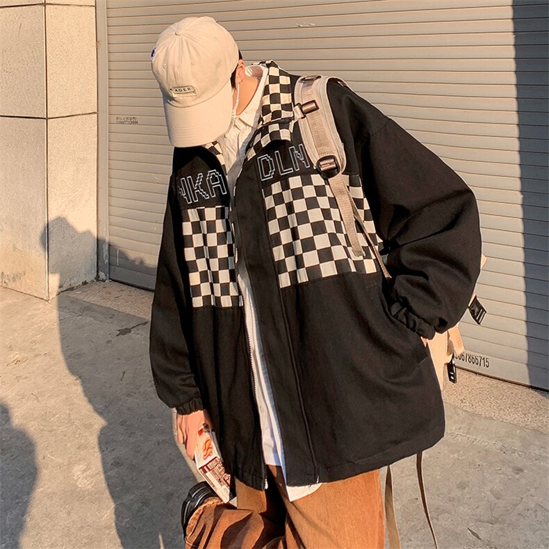 春秋季新款格子拼接立领夹克潮牌宽松休闲百搭夹克外套,男装夹克,星座410-7