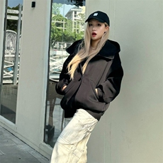 抖音得物高品质26春装美式高街重磅宽松结构高领连帽卫衣外套W60，女装短外套，电商A486-1