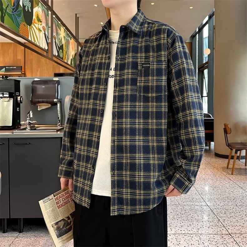 长袖格子衬衫男春秋季宽松韩版时尚潮流休闲外穿磨毛衬衣外套C14,男装衬衫,星座506