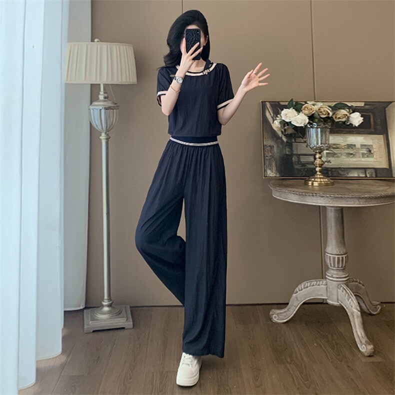 欧货时尚休闲运动套装女夏季新款简约圆领拼接短袖直筒长裤两件套,女装套装/套裙,江南