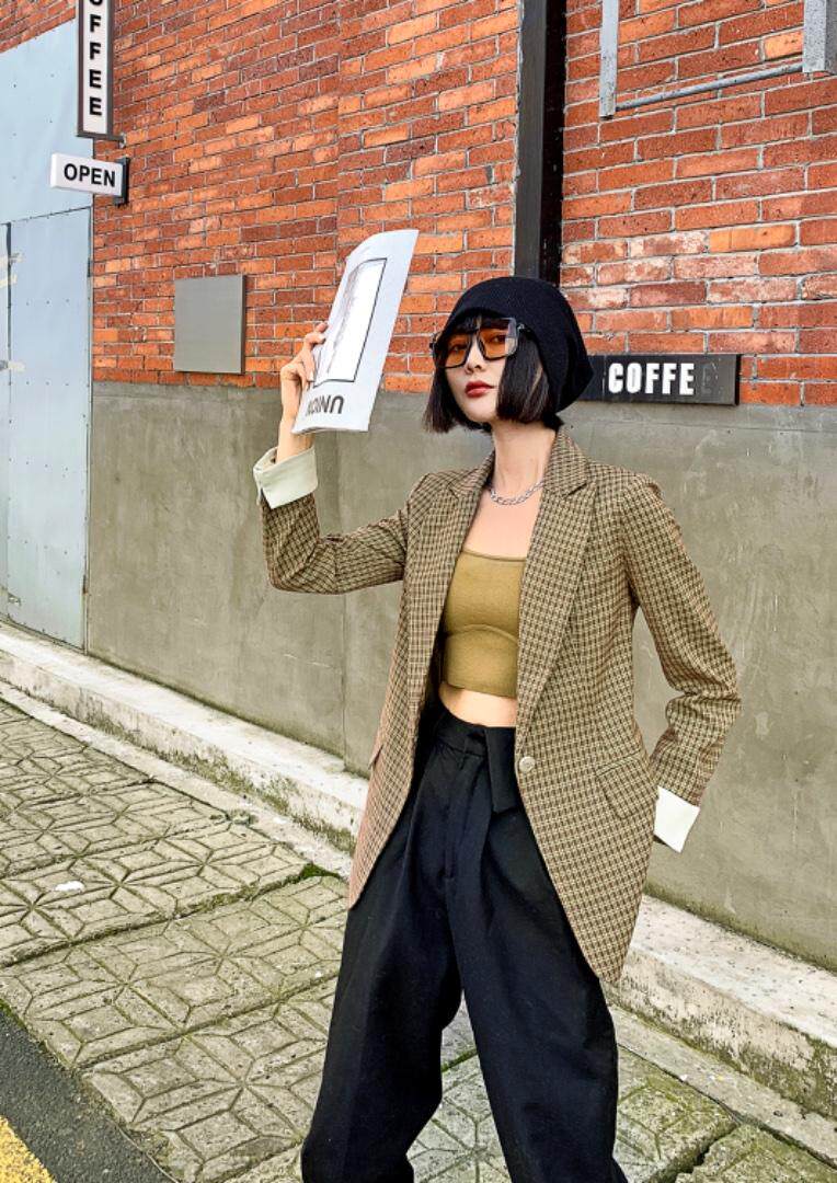 现货，春软，格子西装收腰型外套，女装西装，锦华秀逸