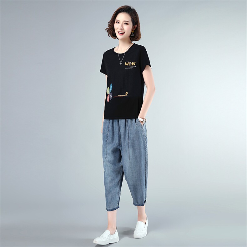 套装/套裙2021年夏季时尚圆领纯色牛仔裤插袋两件套,女装套装/套裙,独衣靓
