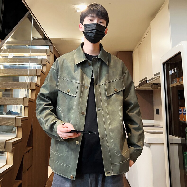 秋季青年皮夹克男士翻领皮衣潮宽松休闲外套A266-PY009-P85，男装皮衣，电商A266