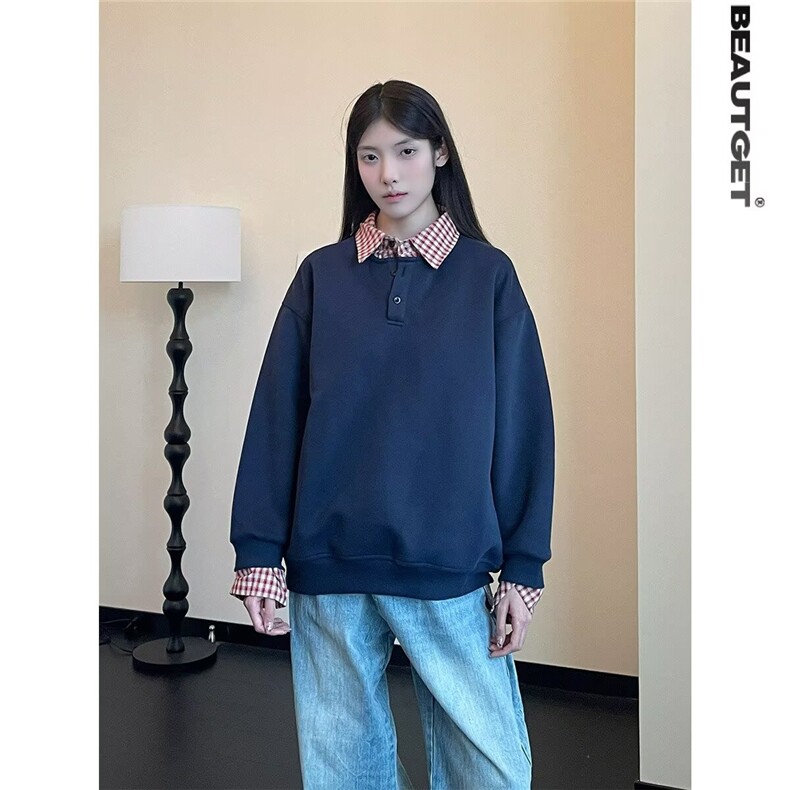 HJ69-P45春季美式假两件格子拼翻领休闲卫衣男女同款POLO领卫衣,男装Polo衫,电商B323A