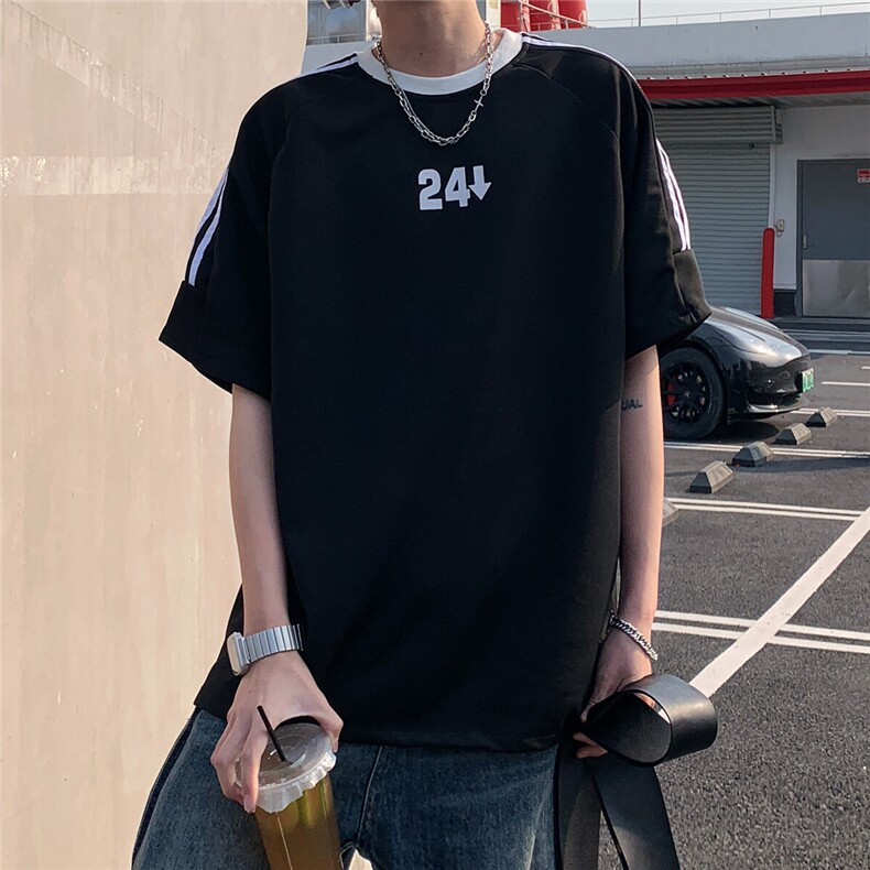 2026夏装新款薄款织带拼接短袖印花五分袖T恤 T6606/特P30 黑色3图片