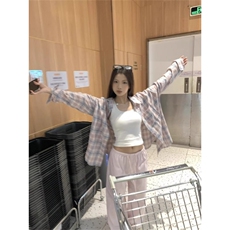 韩系慵懒风格子衬衫女大码中长款休闲外套上衣设计感长袖空调衫夏，男装衬衫，星座506A