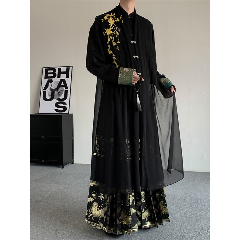 汉服类目24新中式长衫原创风新中式男女立领盘扣外套织金马面裙，男装民族服装，星座909
