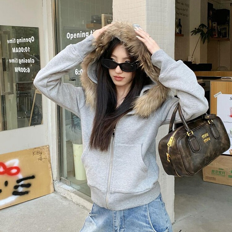 灰色美式复古毛领连帽卫衣外套女秋冬季2025新款显瘦上衣百搭开衫,女装短外套,星座218-8