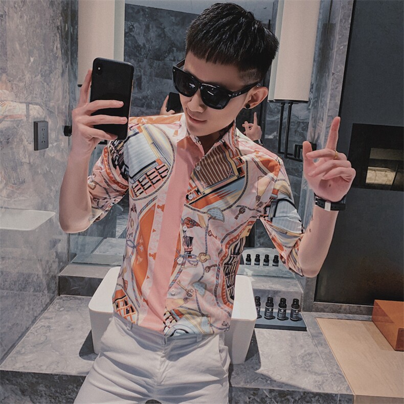 312A-251-P55新款社会小伙中袖衬衫韩版潮流男士五分袖衬衣A,男装T恤,星座312A-5