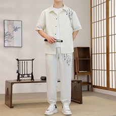 TZ07-P65新中式风夏季男士新款短袖套装潮衬衫长裤两件套，男装T恤，星座507A（原星座306B-2）
