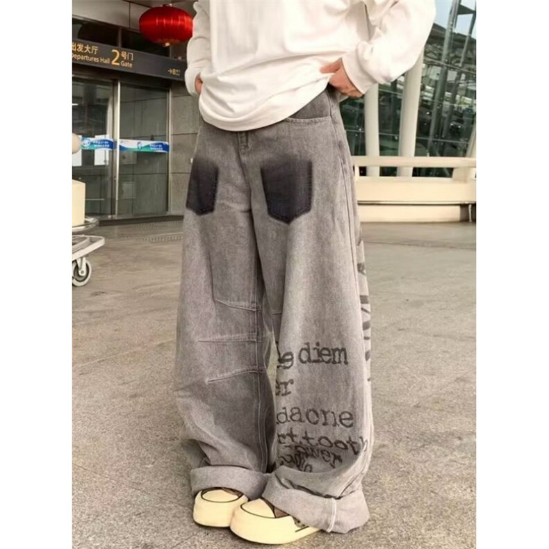 个性褶皱牛仔裤秋季新款美式高街多口袋直筒休闲长裤子 N9165图片