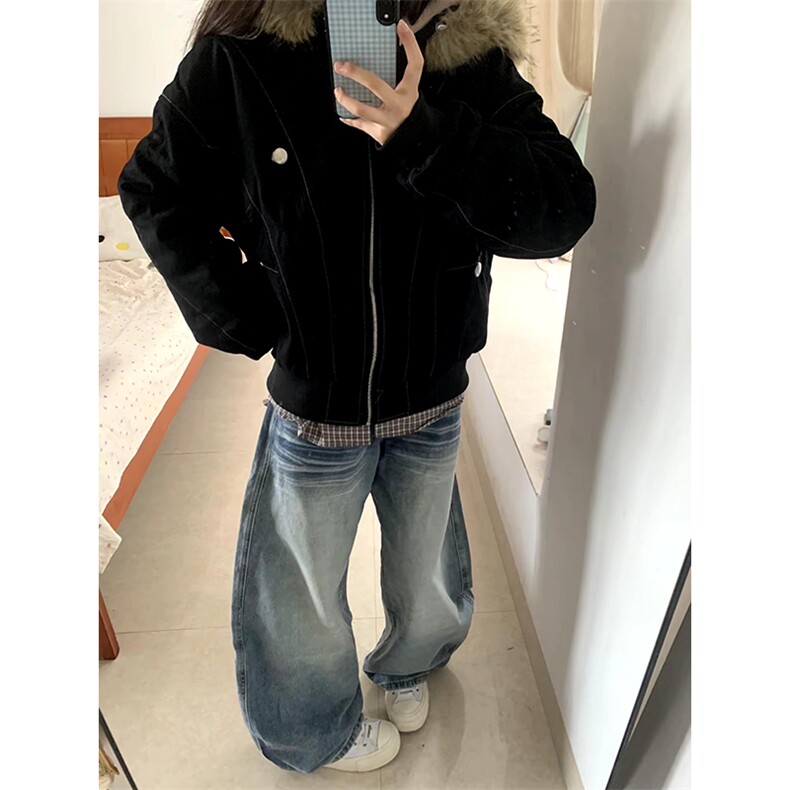 现货重磅boxy短款棉衣座山雕大毛毛领男女棉服水洗工装厚外套,男装棉衣,电商A486