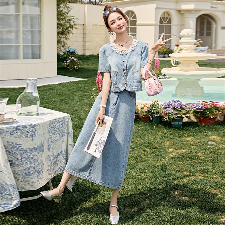 现货可推2025夏季新款小香风时尚甜美拼接牛仔套装两件套,商品下架区,然然