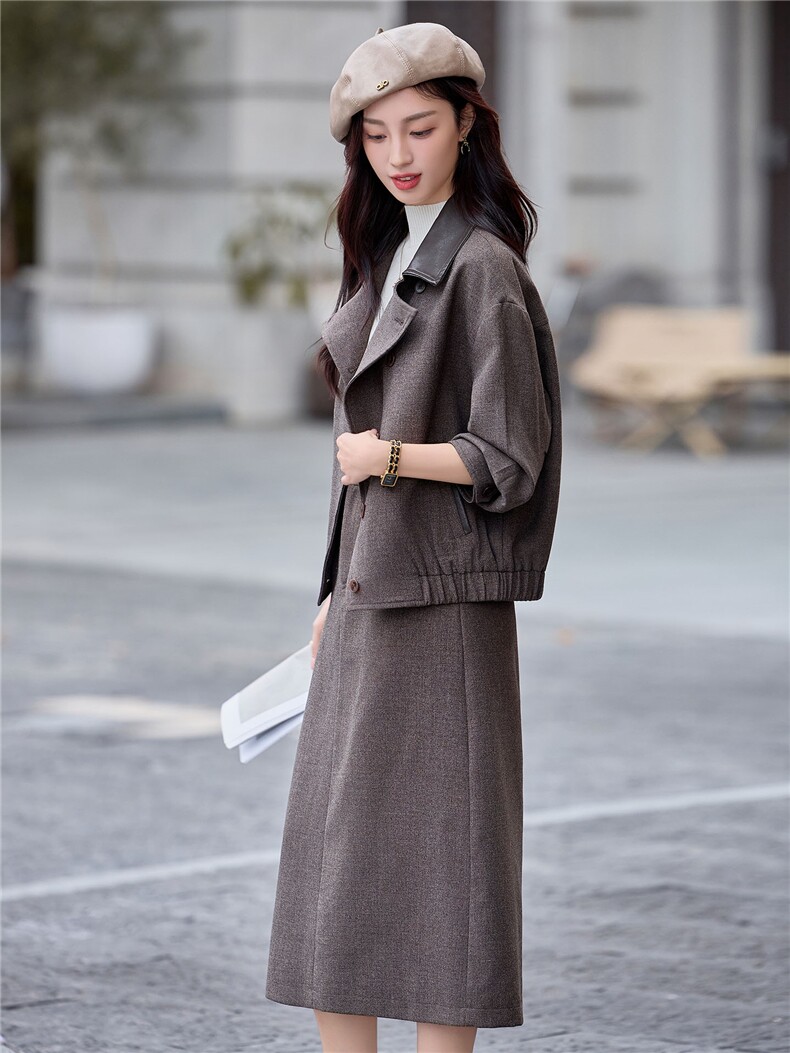 今年流行毛呢气质套装女2025深秋初冬新款翻领短外套半身裙一整套,女装套装/套裙,靓衣阁