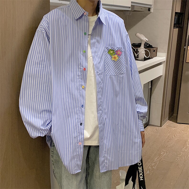 日系cityboy蓝白条纹衬衫男秋季潮牌长袖衬衣宽松外套CS10-P40,男装衬衫,星座1008