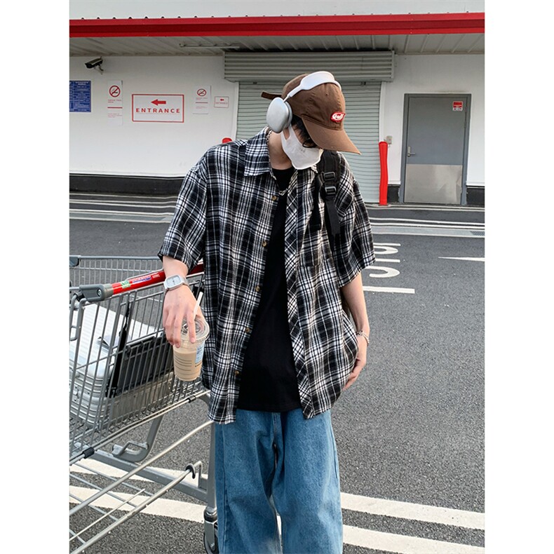 韩版潮流复古格子大码翻领短袖衬衫内搭外套DC2219-P24【特价】,男装T恤,电商A007